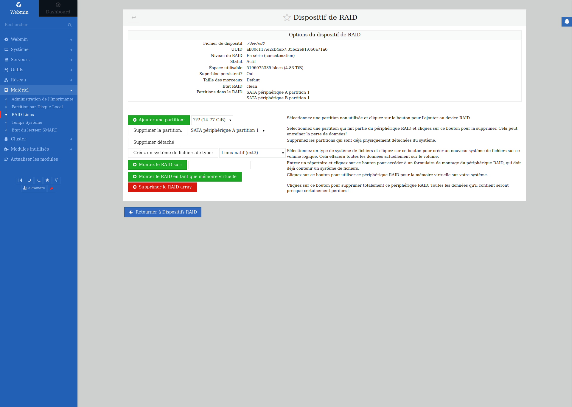 Page de configuration du RAID dans Webmin