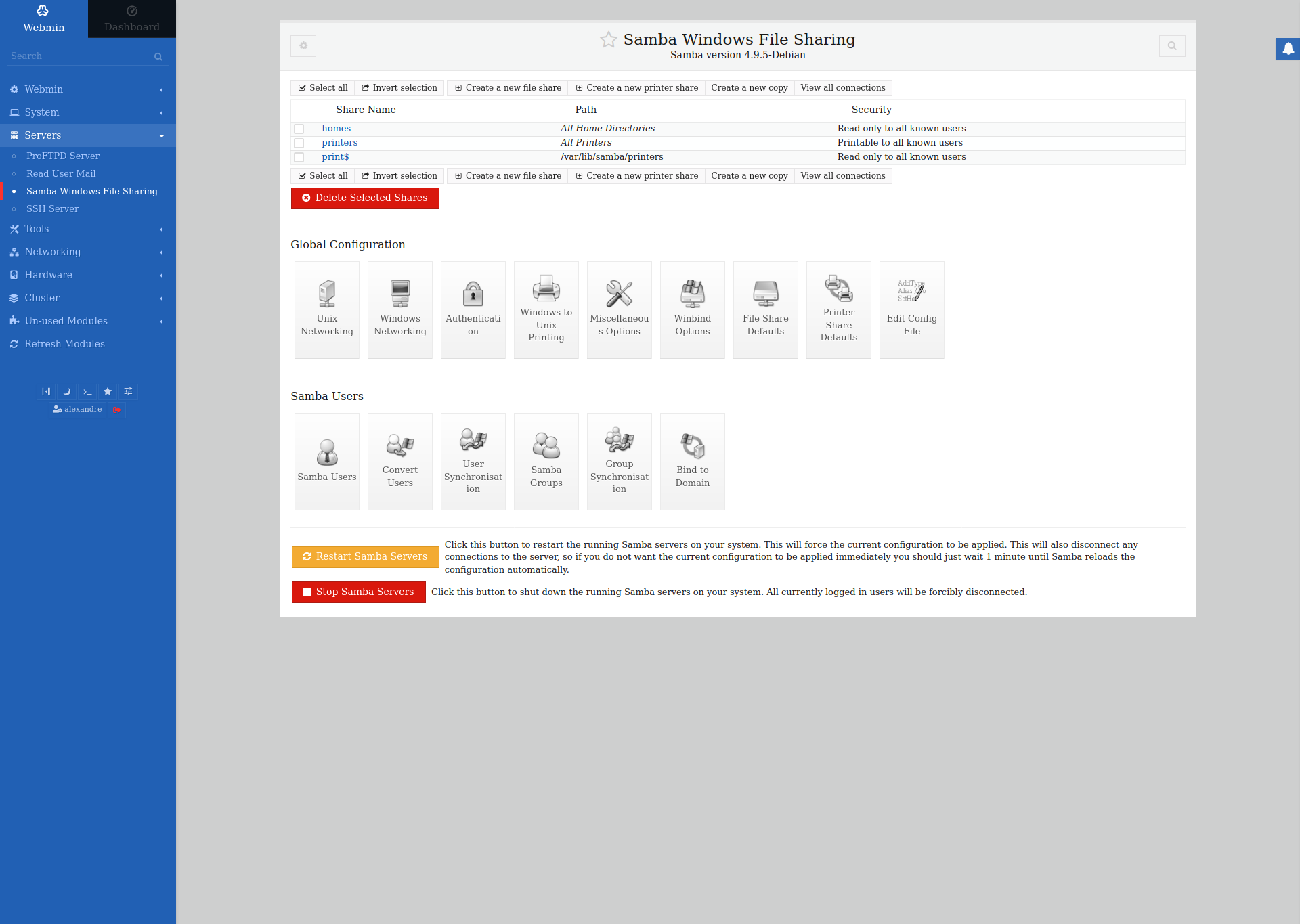 Page de configuration de Samba dans Webmin