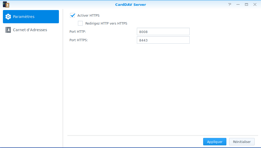 Interface de configuration du serveur CardDAV