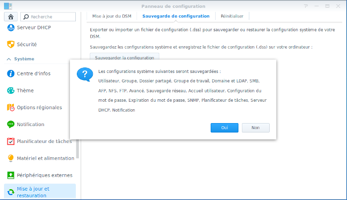 Message d'information lors de la sauvegarde des paramètres de DSM