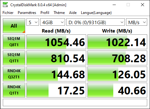 Performances du SSD portable KIOXIA EXCERIA PLUS sous Windows avec CrystalDiskMark 8