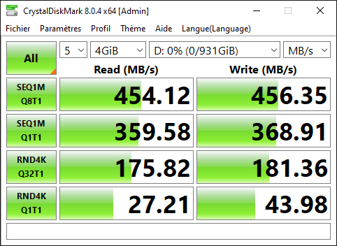 Performances du SSD portable KIOXIA EXCERIA PLUS sous Windows avec CrystalDiskMark 8 en USB 3
