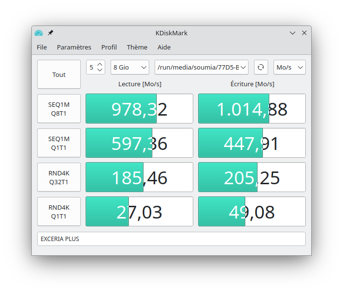 Performances du SSD externe EXCERIA PLUS de KIOXIA, vues par KDiskMark