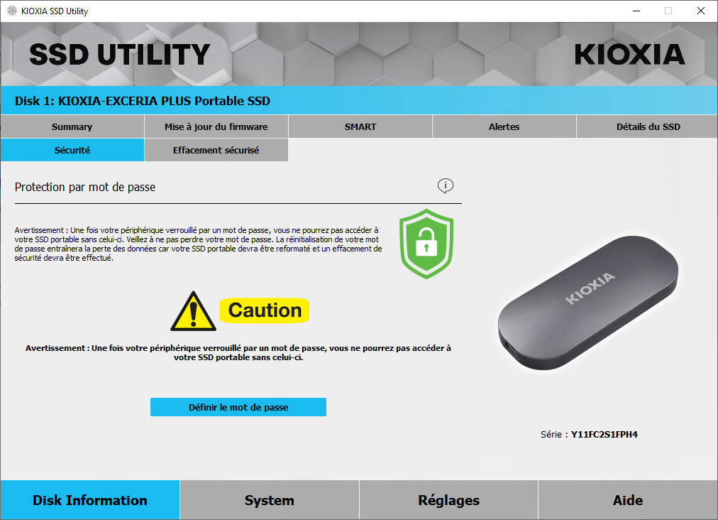 Protection par mot de passe dans le logiciel KIOXIA SSD Utility