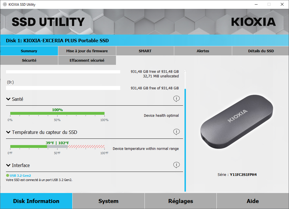 Affichage des informations générales du logiciel KIOXIA SSD Utility