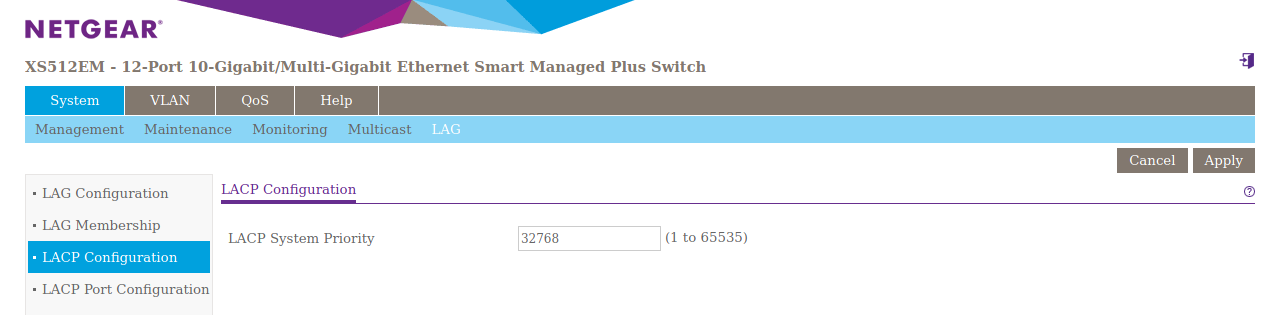 Interface de configuration de la priorité du LACP sur le switch XS512EM de NETGEAR