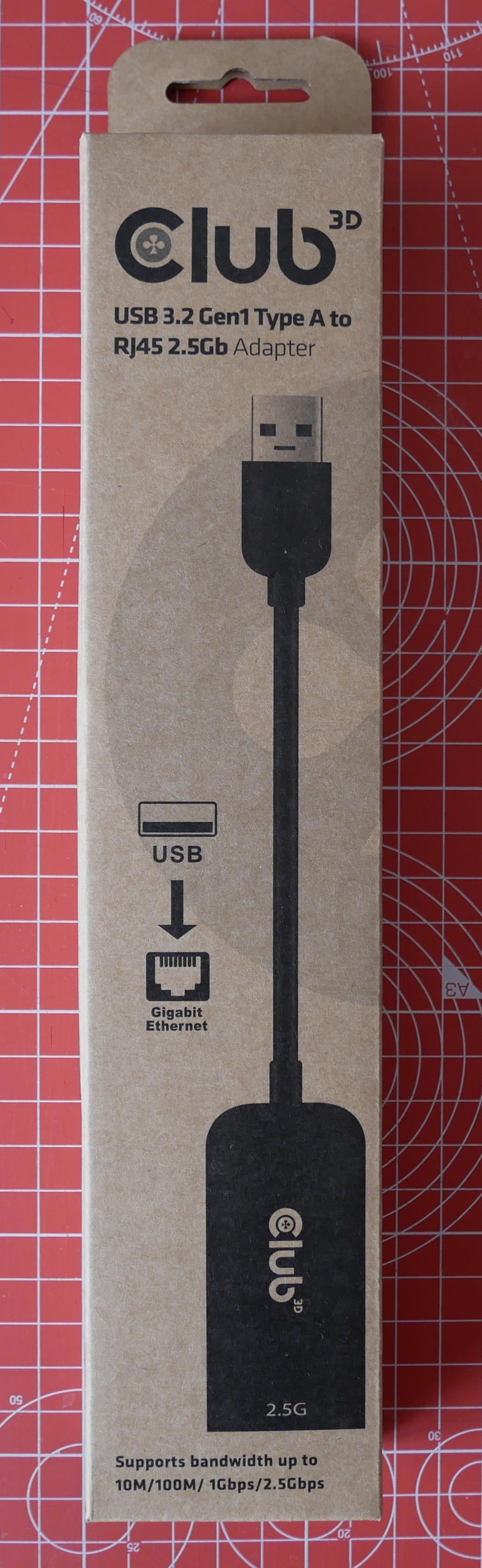 Emballage de l'adaptateur USB Type A vers Ethernet 2,5 Gbps de la marque Club3D