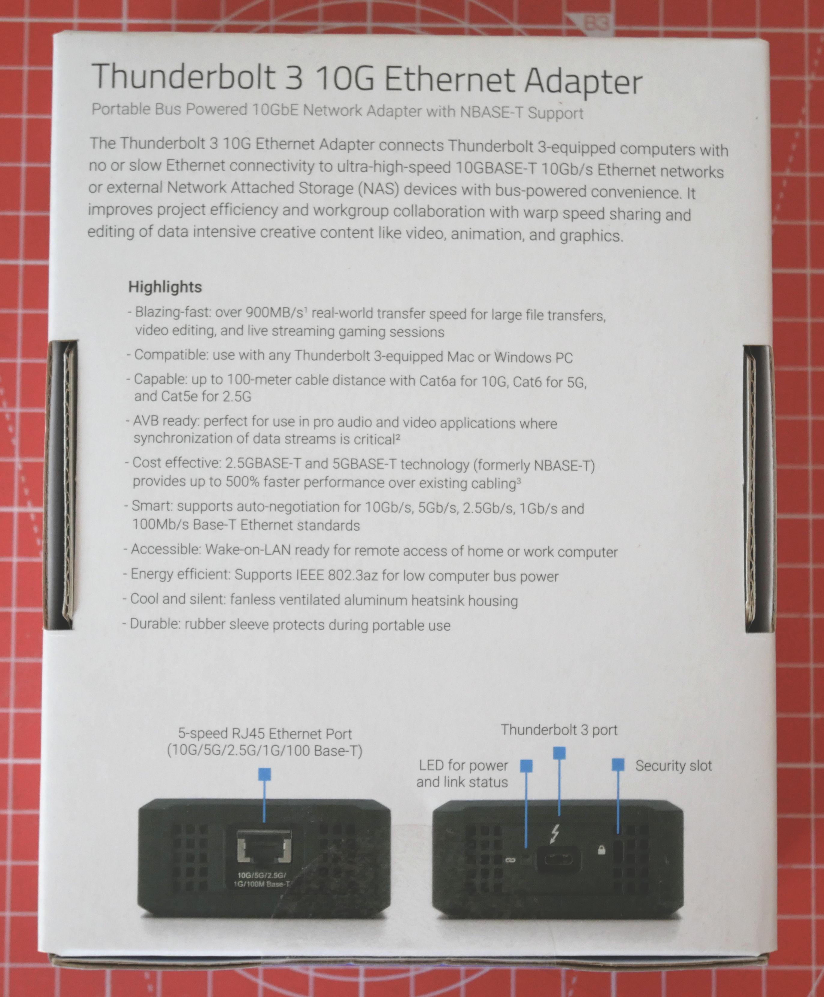 Description du produit offert par la boite de l'adaptateur Thunderbold 3 vers Ethernet 10G de OWC